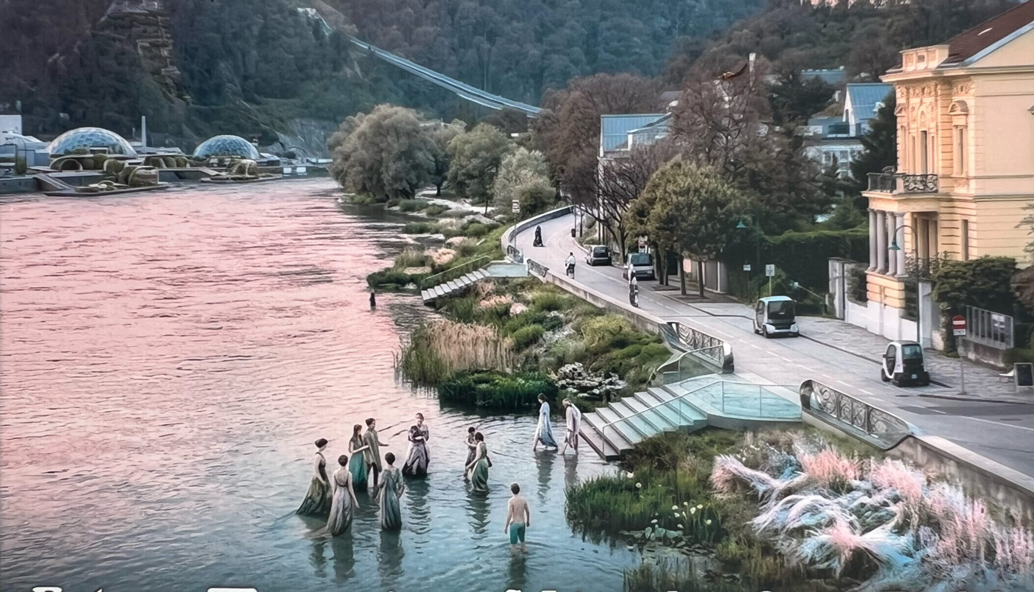 Man sieht das Donau Ufer in Linz in einer renaturierten Zukunftsvision mit Glaskuppeln im Hintergrund. Im Vordergrund stehen bekleidete Frauen im Wasser.